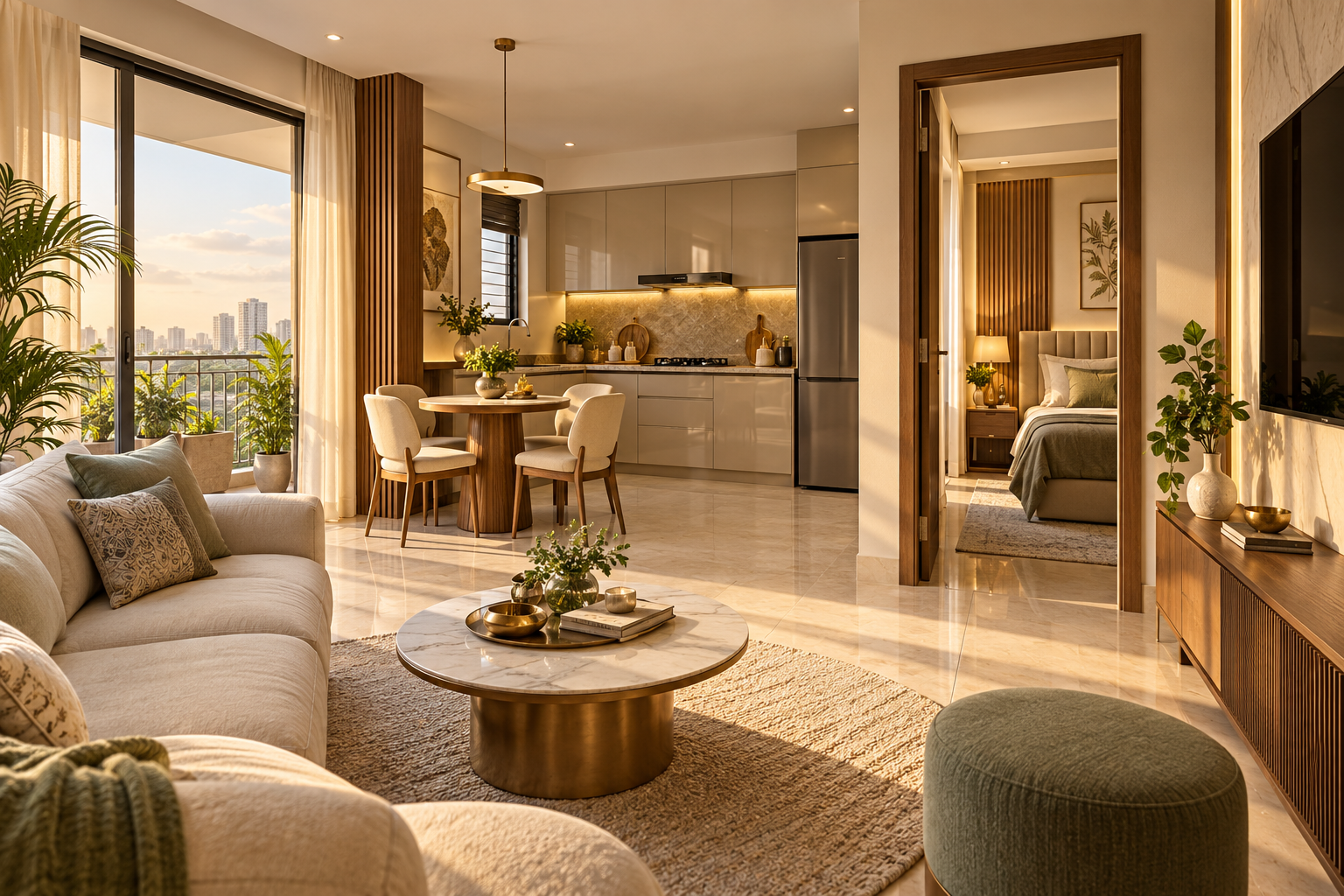 3D interior visualization of a one-bedroom home with living room, dining area, kitchen and bedroom