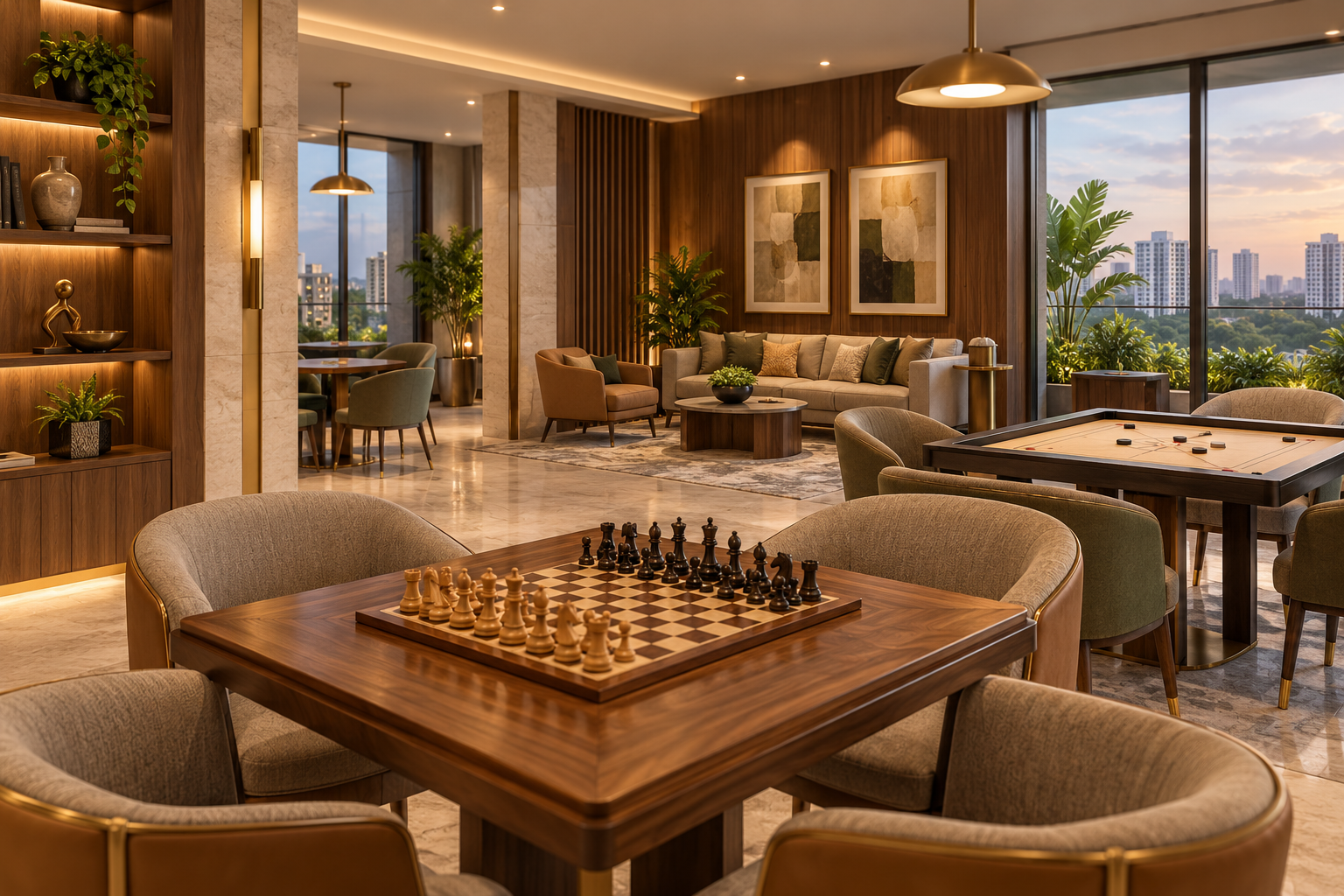 3D visualization of an indoor games lounge with chess and carrom
