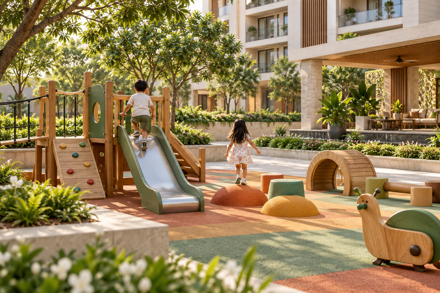 3D visualization of kids play equipment in a landscaped residential courtyard