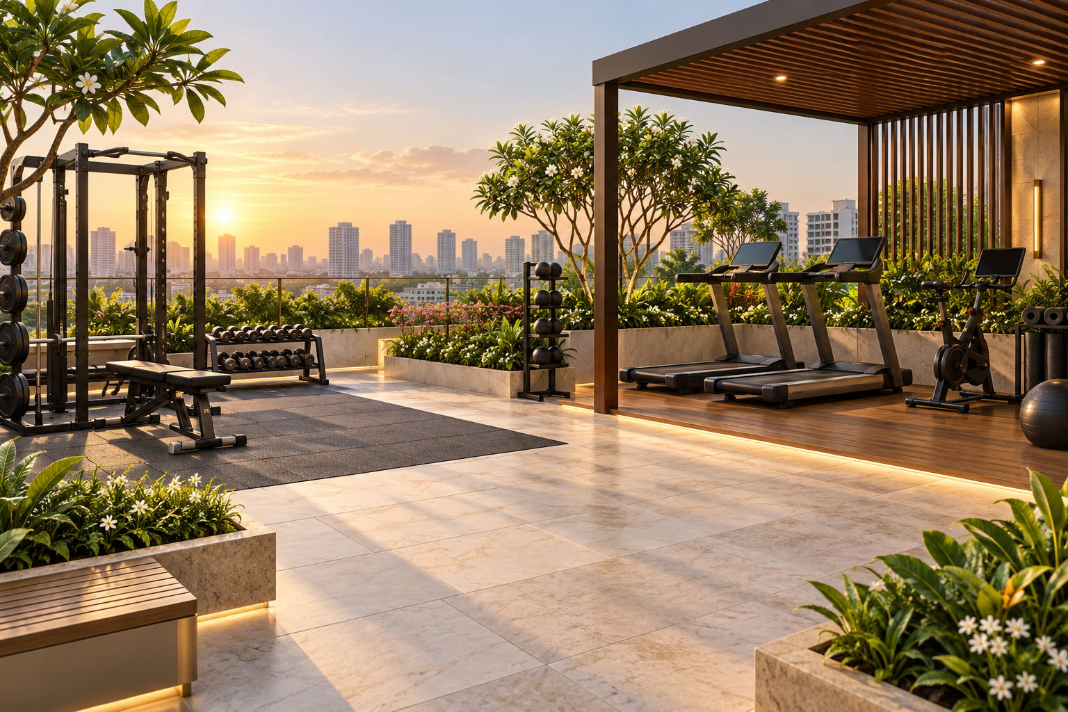 3D visualization of a rooftop open gym with fitness equipment